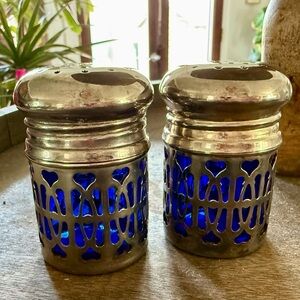 Vintage Cobalt Blue and Silver Salt and Pepper Shakers Set